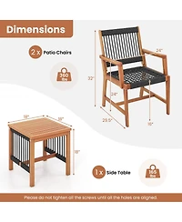 Gymax 3 Pieces Solid Acacia Wood Patio Set All-Weather Rope Woven Chair Garden Poolside