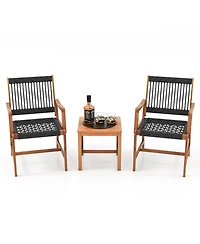Gymax 3 Pieces Solid Acacia Wood Patio Set All-Weather Rope Woven Chair Garden Poolside