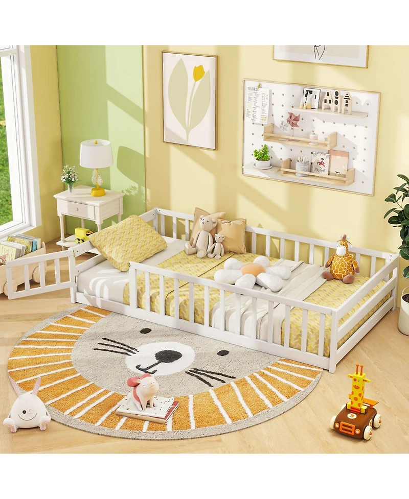 Gouun Twin Size Kids Montessori Floor Bed with Lockable Door and Fence Guardrails
