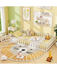 Gouun Twin Size Kids Montessori Floor Bed with Lockable Door and Fence Guardrails