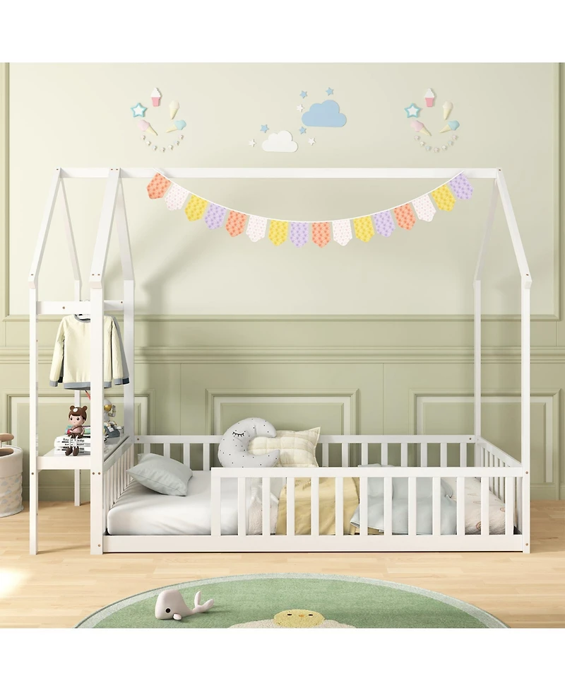 Gouun Twin Size Montessori House Floor Bed with Clothes Hanger and Storage Shelf