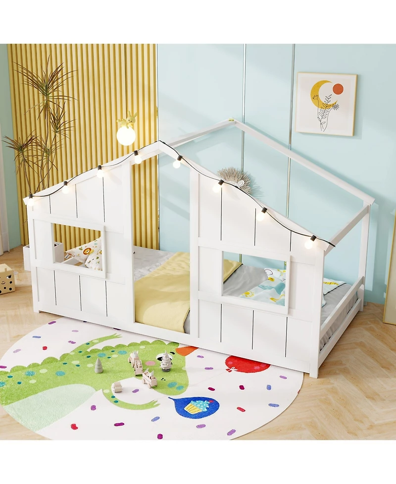 Gouun Twin Size House Bed with Led Lights, Montessori Slat-Free Floor Bed