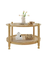 Rainsken 32" Round Rustic Wood Coffee Table Featuring Boho Woven Rattan Lower Shelf for Living Room Storage