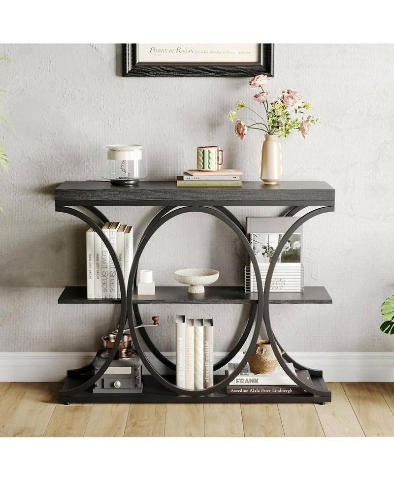 gaomon 39" Industrial 3-Tier Sofa Console Table with Oval-Shaped Metal Frame and Adjustable Feet, Entryway Table