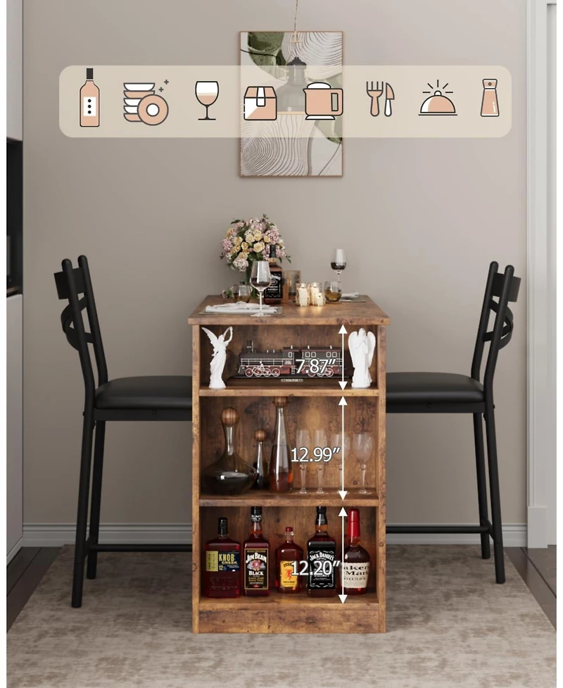 gaomon 2-4 Person Bar Table Set with 16" Wide Cushions and Flip-Top Extension, Sturdy for Dining Area