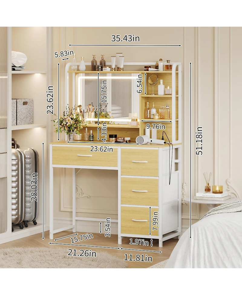 Homfan Vanity Desk with Mirror, Makeup Vanity Table with Shelves, 4 Fabric Drawers Storage, Modern Dressing Table for Bedroom, Gift for Women