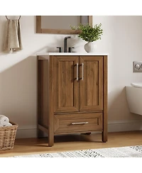 homfan Bathroom Vanity with Ceramic Sink, Storage Cabinet Drawer and 2 Soft Closing Doors, Single Sink Integral Top