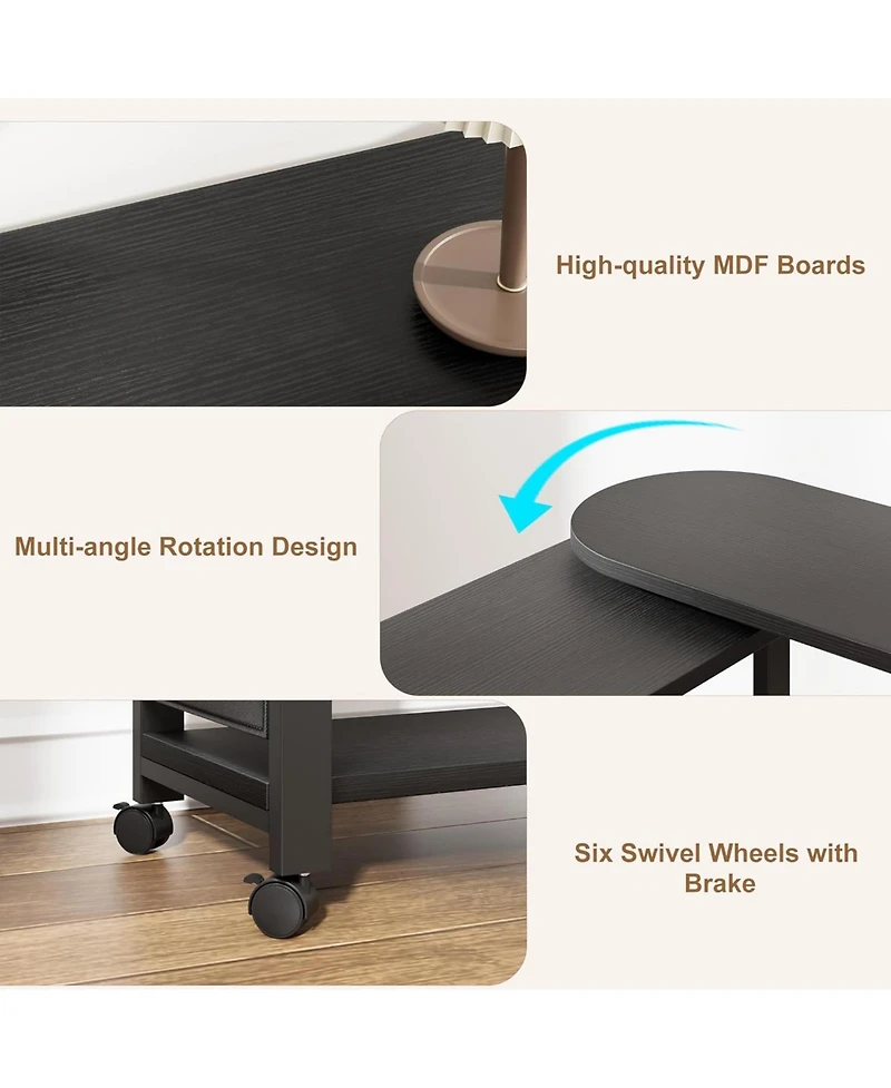 360 Rotating End Table with Charging Station, Swivel Side Table on Wheels with Brakes, Movable Sofa Table with Storage Bag for Living Room Bedroom