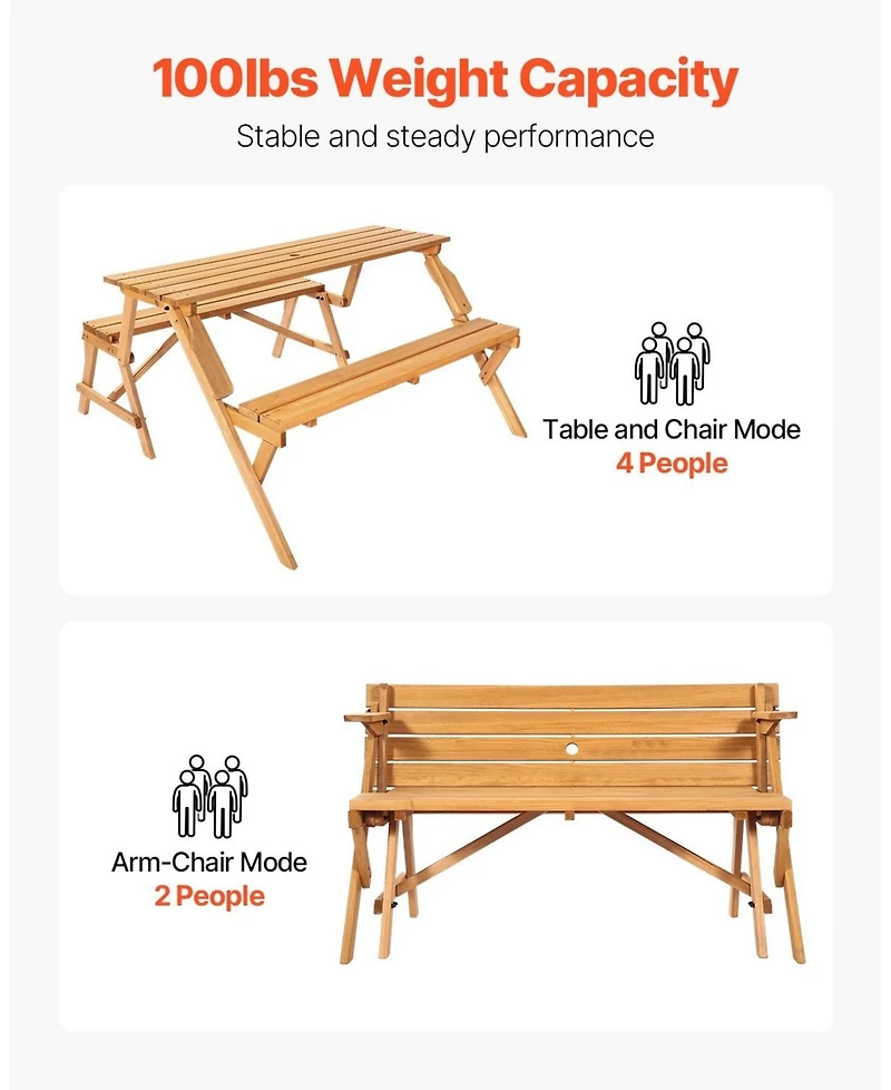 Gouun 2 in 1 Wooden Picnic Table and Bench with Umbrella Hole