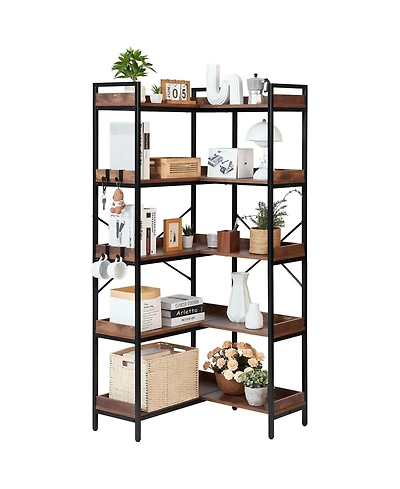 Gouun 5 Tier Corner Bookshelf with Hooks and Metal Frame