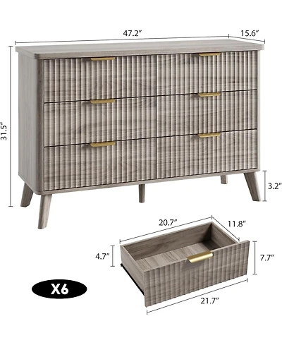 gaomon Modern Fluted 6-Drawer Dresser, Curved Profile with Handles for Bedroom