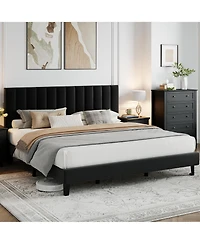homfan Upholstered Platform Bed Frame with Adjustable Height Vertical Channel Tufted Headboard, Sturdy Wooden Slats, Noise-Free