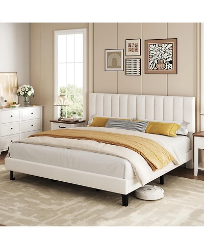 homfan Upholstered Platform Bed Frame with Adjustable Height Vertical Channel Tufted Headboard, Sturdy Wooden Slats, Noise-Free