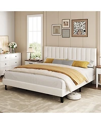 homfan Upholstered Platform Bed Frame with Adjustable Height Vertical Channel Tufted Headboard, Sturdy Wooden Slats, Noise-Free