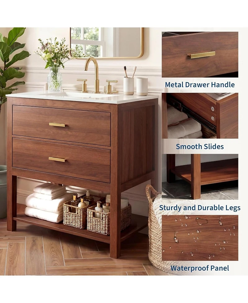 homfan 30" Modern Bathroom Cabinet with Sink, Ceramic Integral Basin, 2 Soft-Close Drawers and Open Shelf, Space-Saving Bathroom Storage Solution