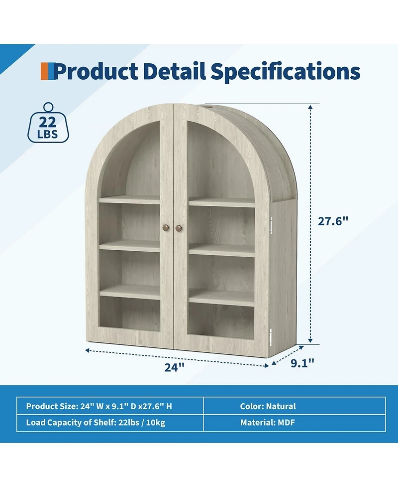 homfan Arched Bathroom Wall Cabinet with Glass Doors and Adjustable Shelves, Wood Over Toilet Storage Organizer for Bathroom and Laundry Room