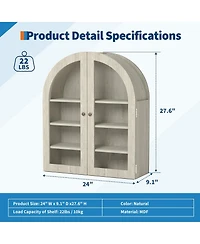 homfan Arched Bathroom Wall Cabinet with Glass Doors and Adjustable Shelves, Wood Over Toilet Storage Organizer for Bathroom and Laundry Room