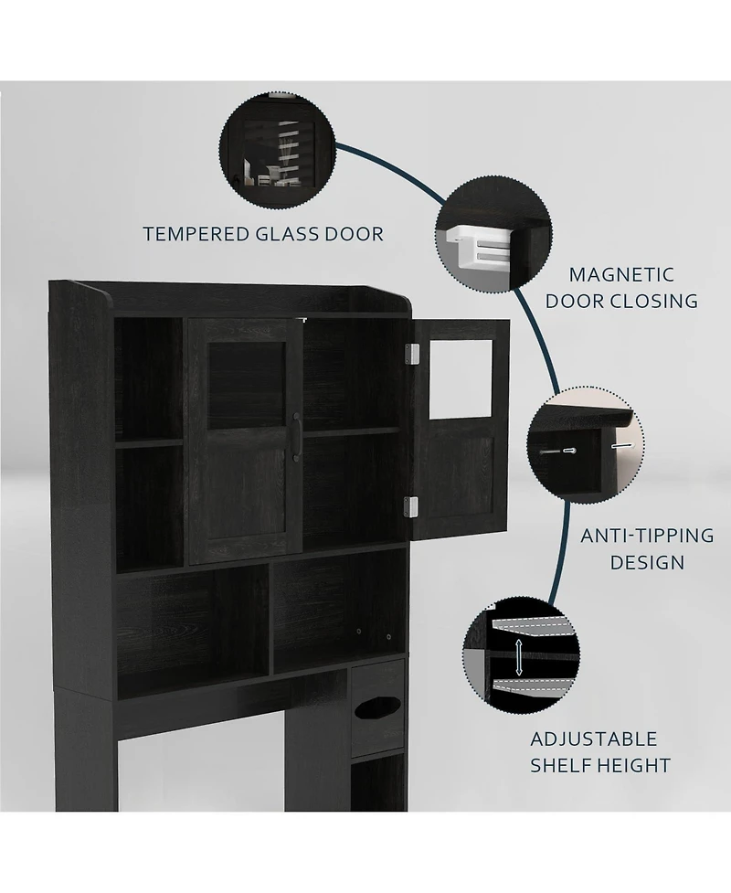 Homfan Over Toilet Storage Cabinet with Glass Doors and Adjustable Shelves, 67.4 in Tall Bathroom Organizer for Bath or Laundry