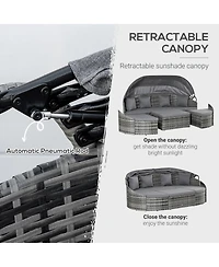 Outsunny 4-Piece Outdoor Rattan Furniture Set, Round Convertible Patio Daybed or Sunbed, Sectional Sofa with Canopy, Pillows, Cushions, Footrest, Tabl