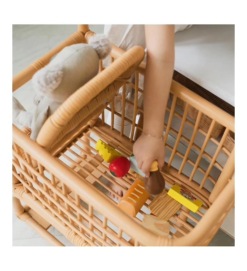 Handcrafted Rattan Kids Shopping Cart with Baby Seat