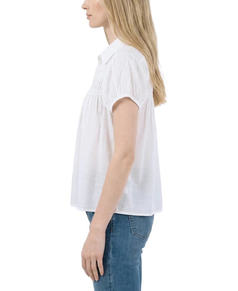 Ny Collection Petite Collared Rouched Yoke Top