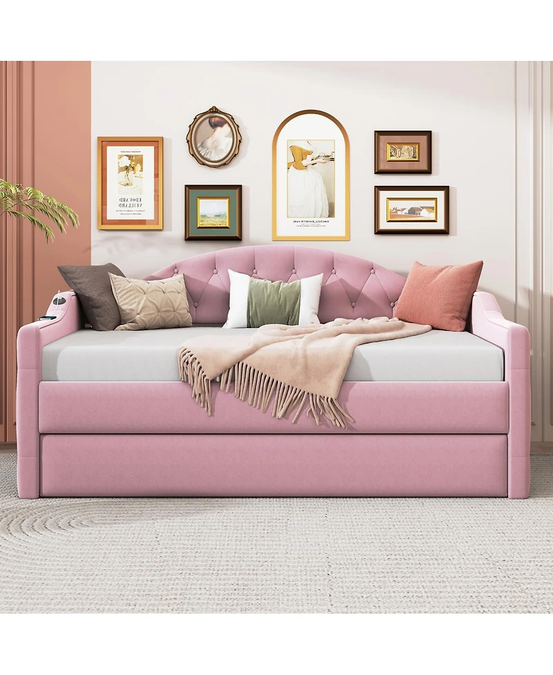 Streamdale Furniture Velvet Tufted Daybed With Trundle and Usb Charging