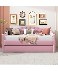 Streamdale Furniture Velvet Tufted Daybed With Trundle and Usb Charging