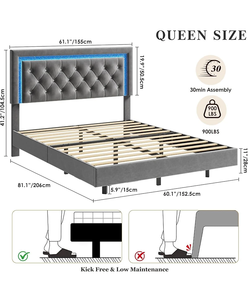 gaomon Floating Bed Frame with Led Lights, Upholstered Platform with Diamond Headboard
