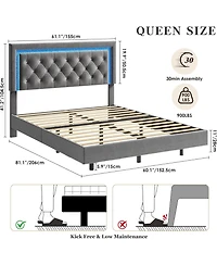 gaomon Floating Bed Frame with Led Lights, Upholstered Platform with Diamond Headboard