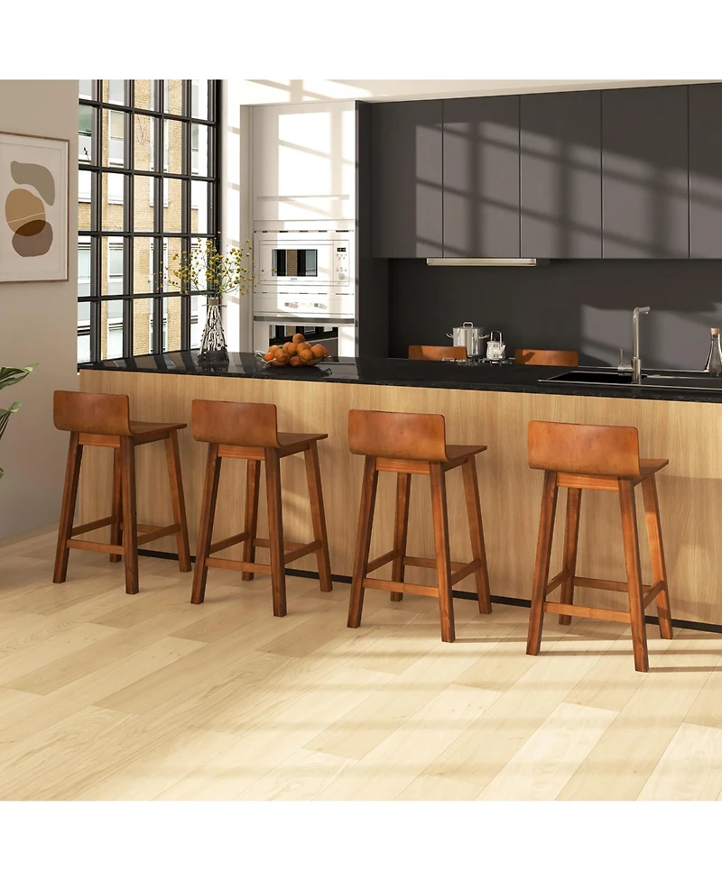 Gymax 24.5'' Solid Wood Bar Stools Set of 4 Home Counter Kitchen Stools w/ Low Backrest and Footrest