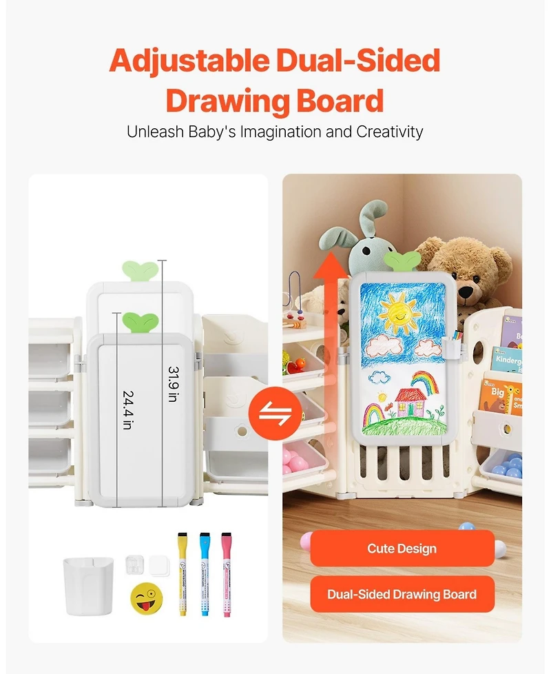 Gouun 4-Tier Kids Toy Storage with Bookshelf, Drawing Board and 10 Bins, 88.6 x 36 in