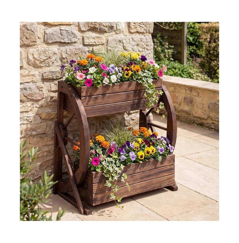 Gouun 2-Tier Rustic Carbonized Wood Wagon Planter with Drainage Holes