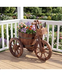 Gouun Rustic Carbonized Wood Tricycle Planter with Storage Box