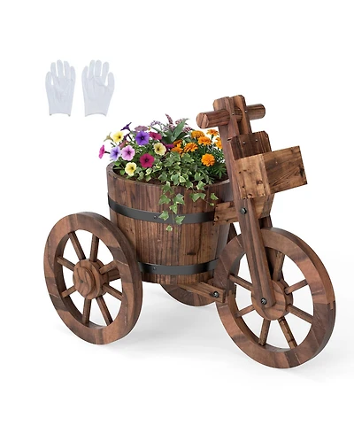 Gouun Rustic Carbonized Wood Tricycle Planter with Storage Box