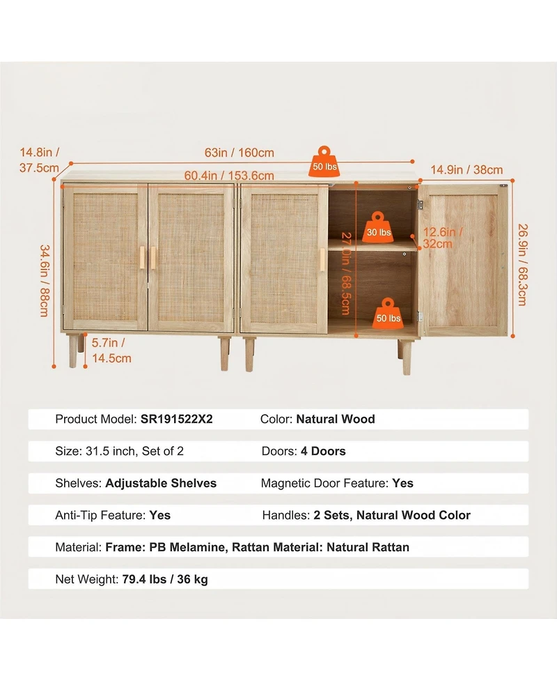Gouun Set of 2 Rattan Storage Cabinets with Adjustable Shelves