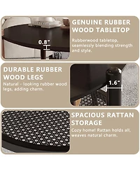 Rainsken 32" Rustic Round Coffee Table with 2-Tier Design, Boho Woven Rattan Storage Shelf for Living Room