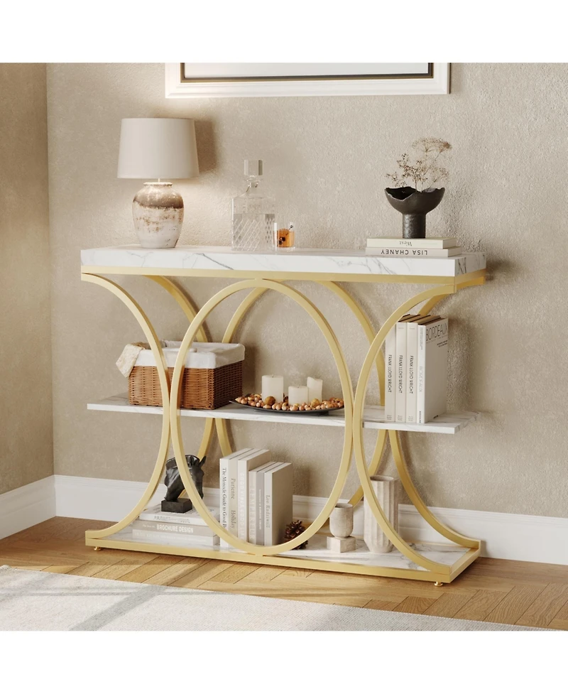 gaomon 39" Industrial 3-Tier Sofa Console Table with Oval-Shaped Metal Frame and Adjustable Feet