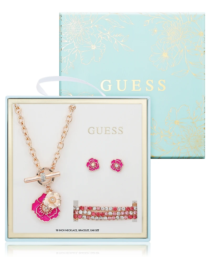 Guess 3-Pc. Rose Gold-Tone Necklace, Bracelet & Stud Earrings Set