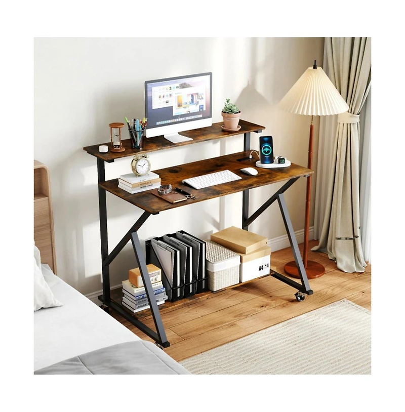 Gouun Rolling Computer Desk with Charging Station