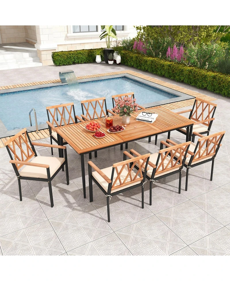Gouun 9-Piece Outdoor Dining Set with 79 in Slatted Acacia Wood Table and 8 Armchairs with Cushions