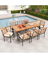 Gouun 9-Piece Outdoor Dining Set with 79 in Slatted Acacia Wood Table and 8 Armchairs with Cushions