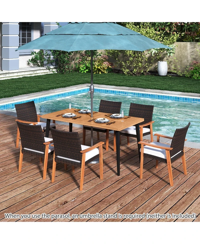 Gouun 7-Piece Outdoor Dining Set with 63 in Acacia Wood Table, 6 Pe Rattan Armchairs and Cushions