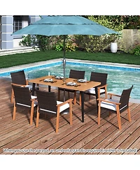 Gouun 7-Piece Outdoor Dining Set with 63 in Acacia Wood Table, 6 Pe Rattan Armchairs and Cushions