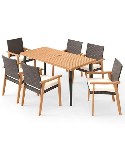 Gouun 7-Piece Outdoor Dining Set with 63 in Acacia Wood Table, 6 Pe Rattan Armchairs and Cushions