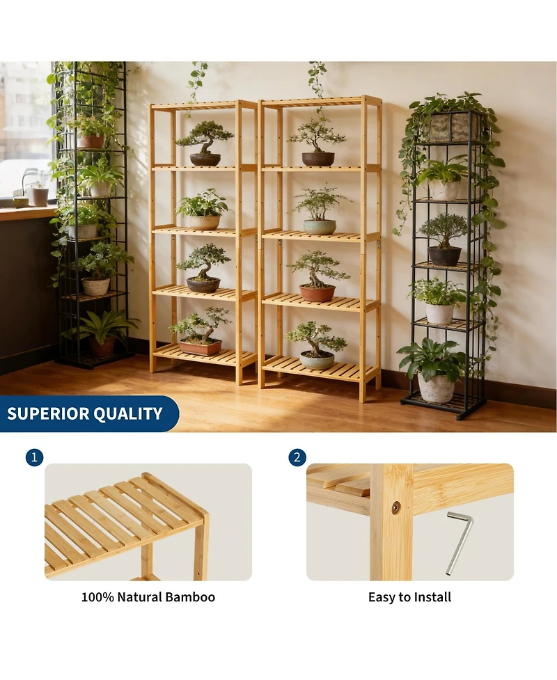 homfan 5-Tier Wide Bamboo Shelf Narrow Bathroom Shelf with Slatted Shelves Wood Plant Stand Standing Towel Rack Corner Rack