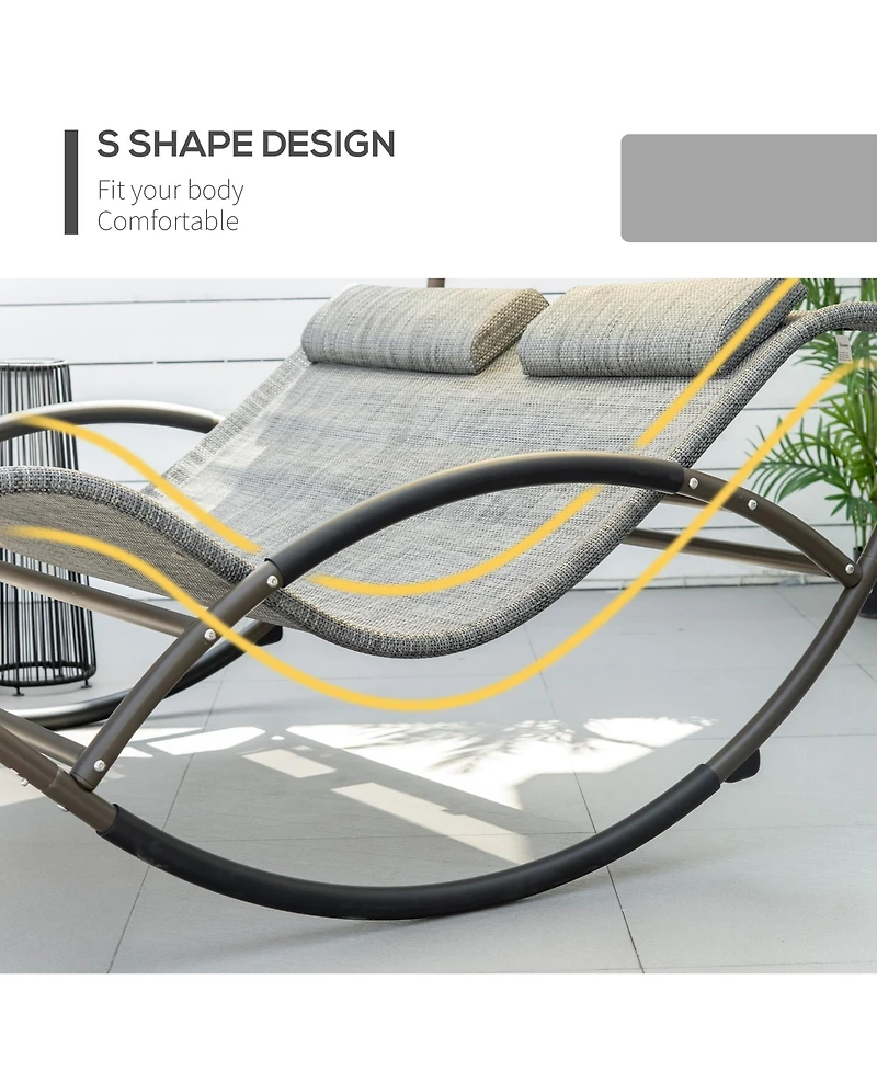 Outsunny Outdoor Double Chaise Rocking Chair, Day Bed Sun Lounger with Canopy Shade, Headrest Pillow, Armrests for Garden, Poolside, Light Gray