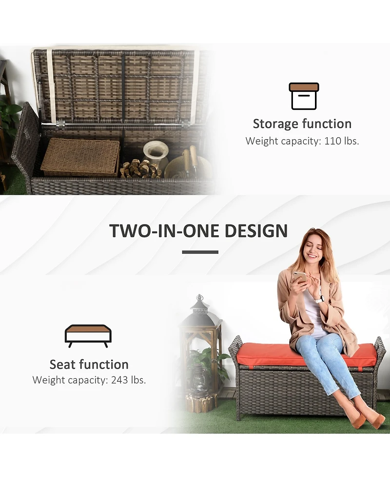 Outsunny 29 Gallon Outdoor Patio Wicker Storage Bench w/ Cushion