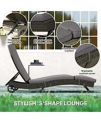 Outsunny Outdoor Reclining Lounge Chair, Pe Wicker, Rolling Wheels, Patio, Grey