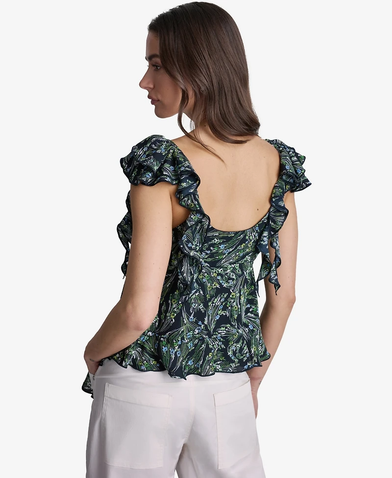 Bcbg Women's Floral Print Ruffled V-Neck Top