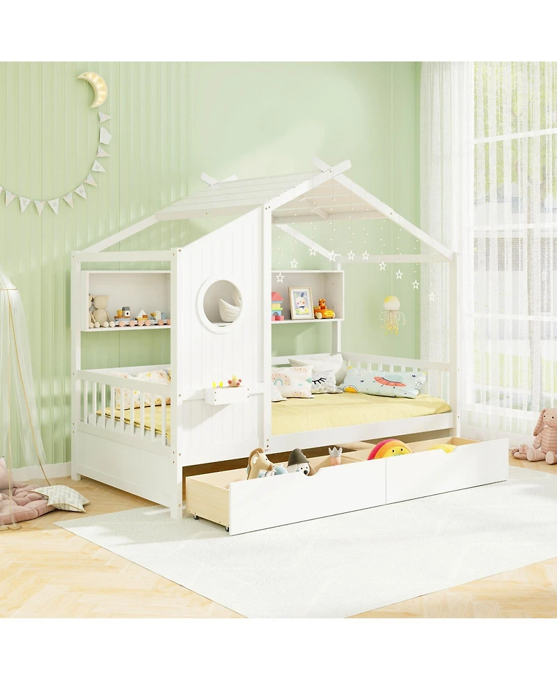 Gymax House Bed Kids Bed Frame w/ 2 Storage Drawers & Fence Guardrails